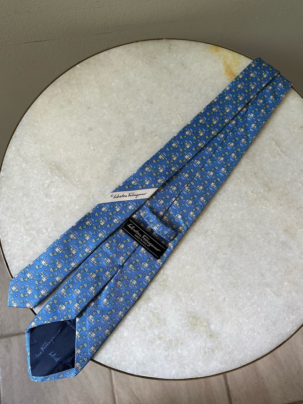 Salvatore Ferragamo Blue Elephant Print Silk Tie Made in Italy Designer Necktie